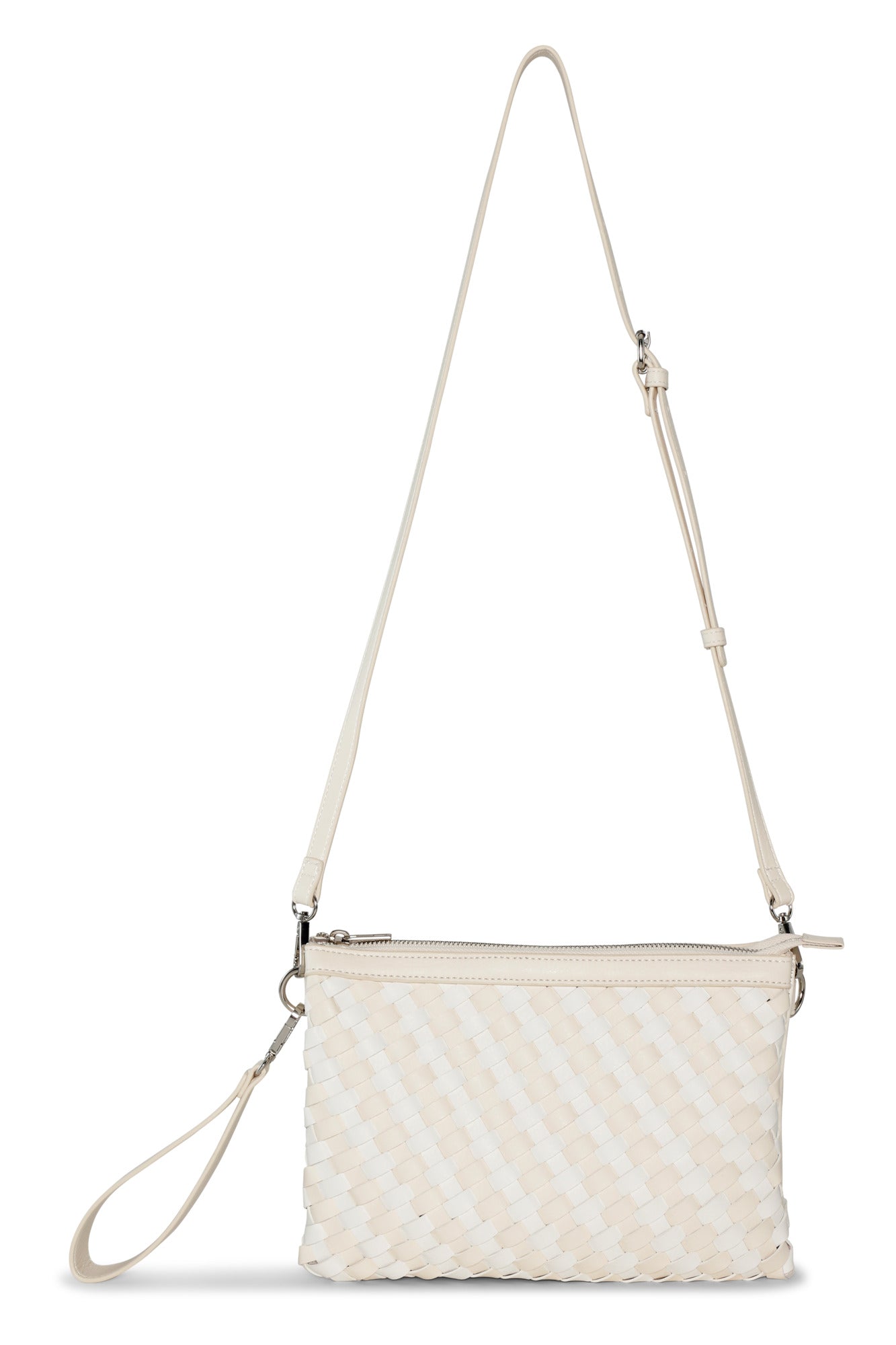 White and off white woven handbag with a strap on a white background