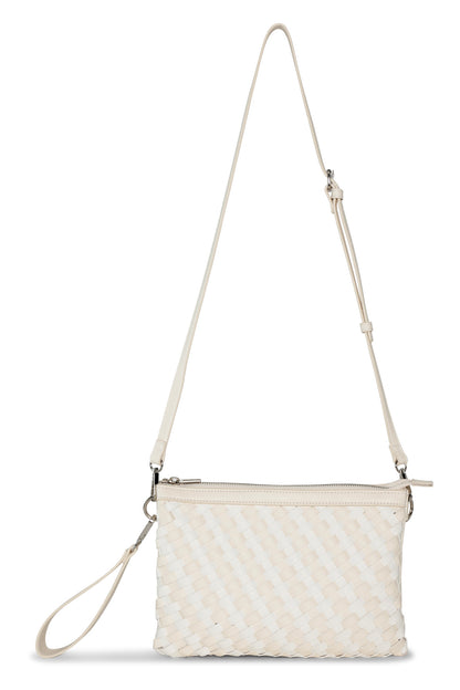 White and off white woven handbag with a strap on a white background