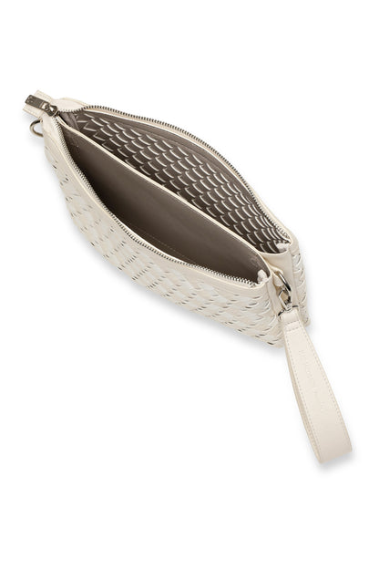 White woven pouch with zipper on a white background