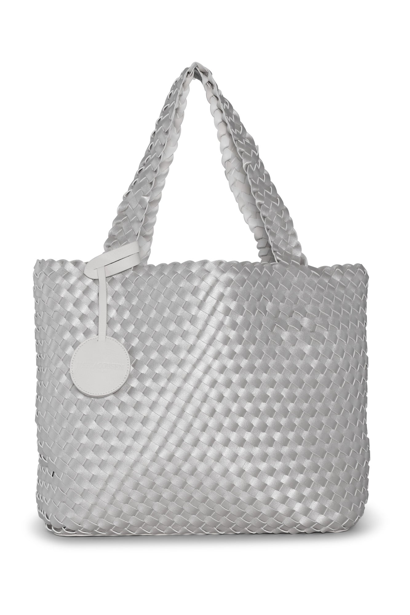 Gray woven tote bag with a round tag on a white background