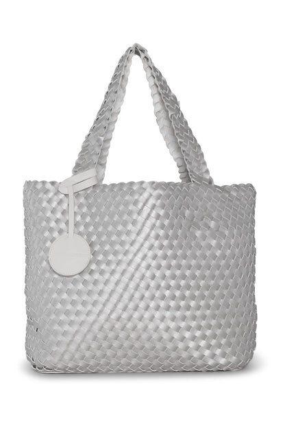 Gray woven tote bag with a round tag on a white background