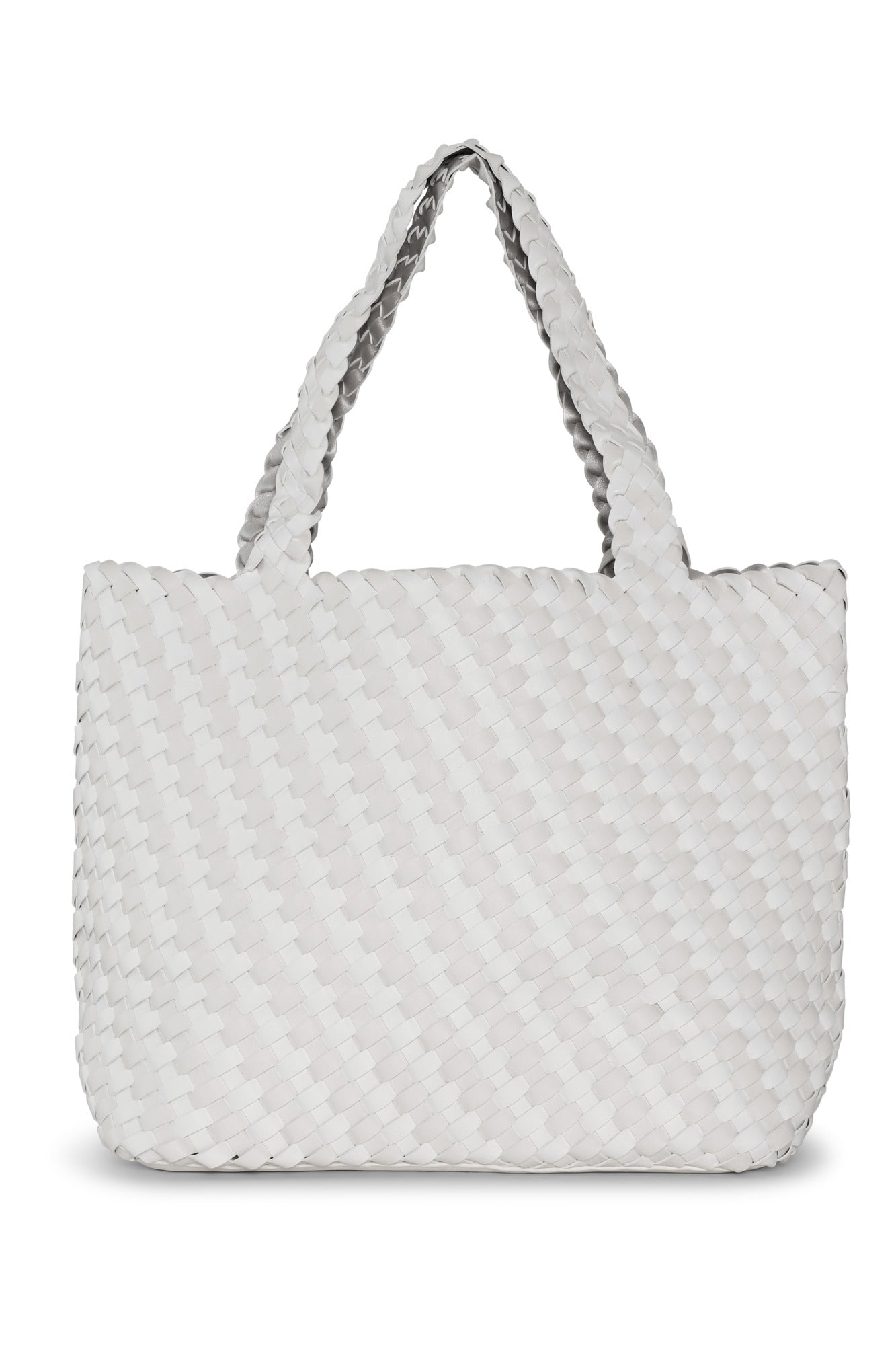 White woven handbag on a white background