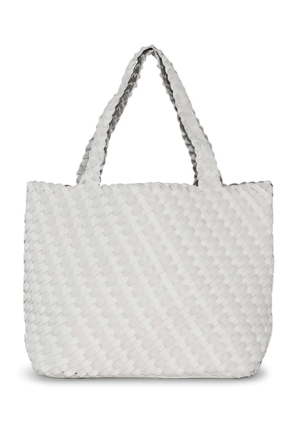 White woven handbag on a white background