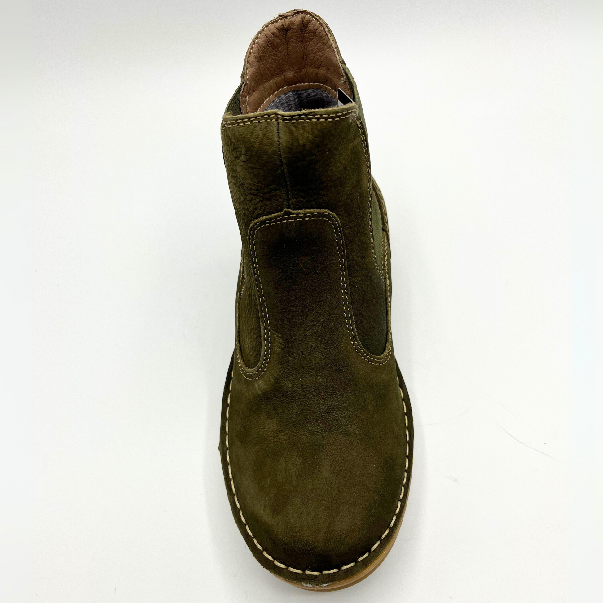 Green leather boot on a white background