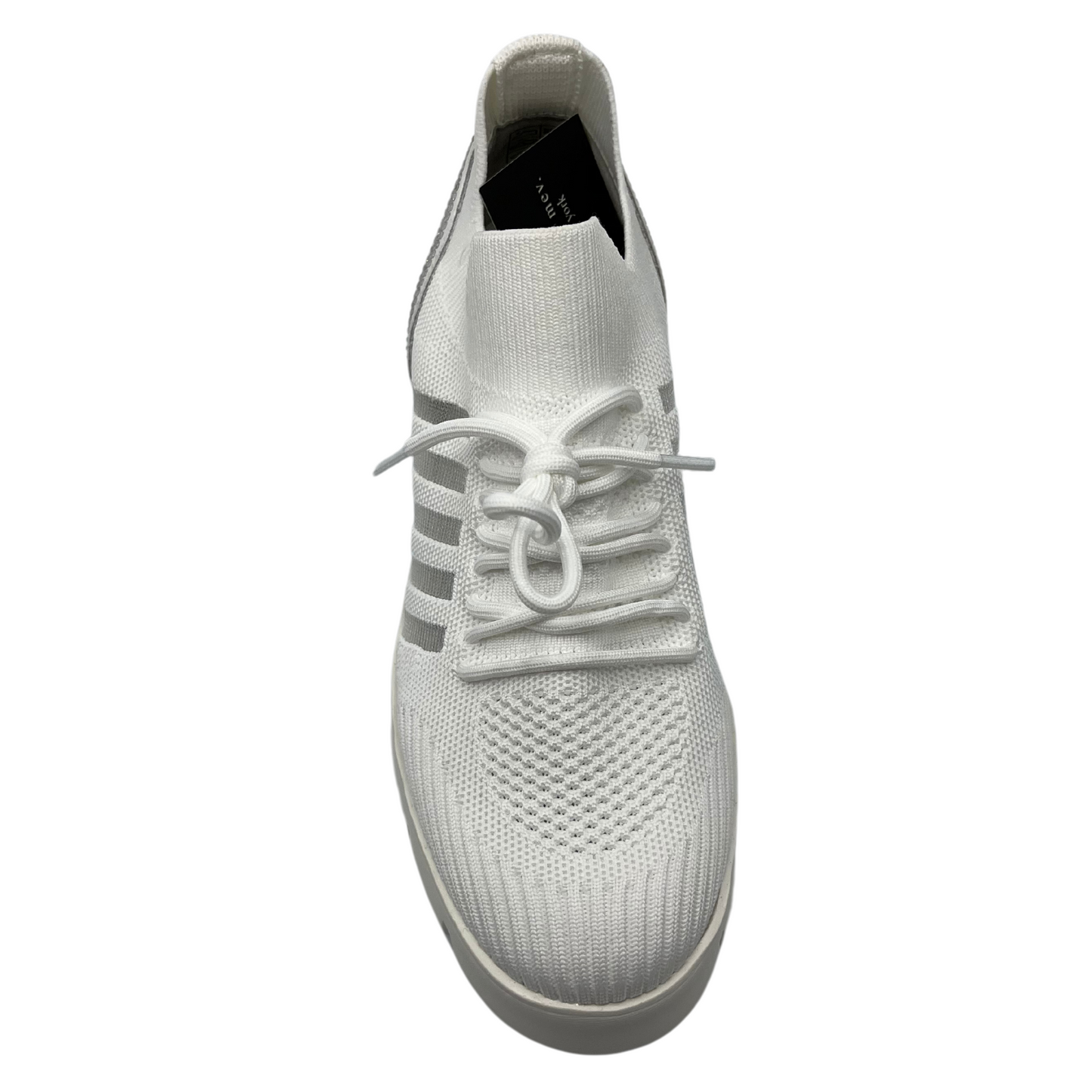 Top view of white mesh sneaker with thick rubber sole and crystal details on the heel