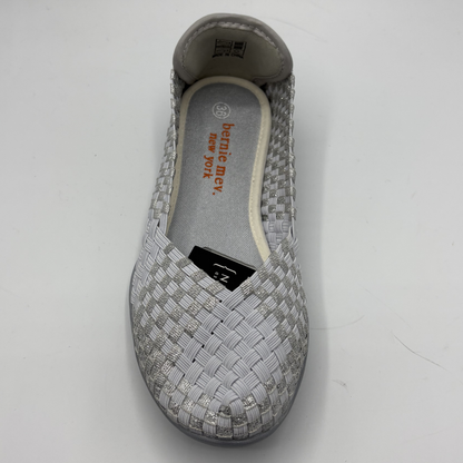 Gray woven shoe with branding on a white background