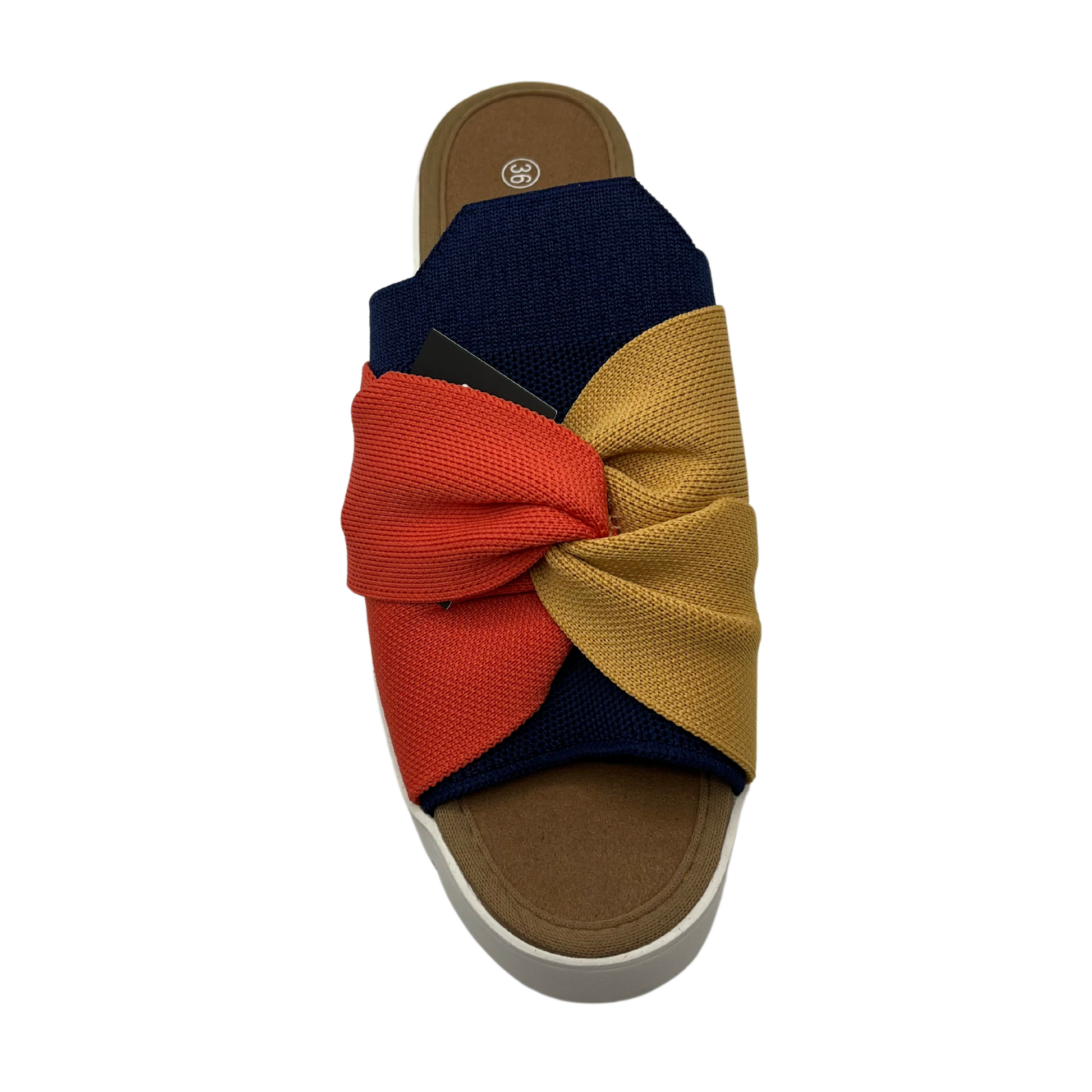 Top view of mustard, navy and nectarine elastic strap sandal with white rubber outsole