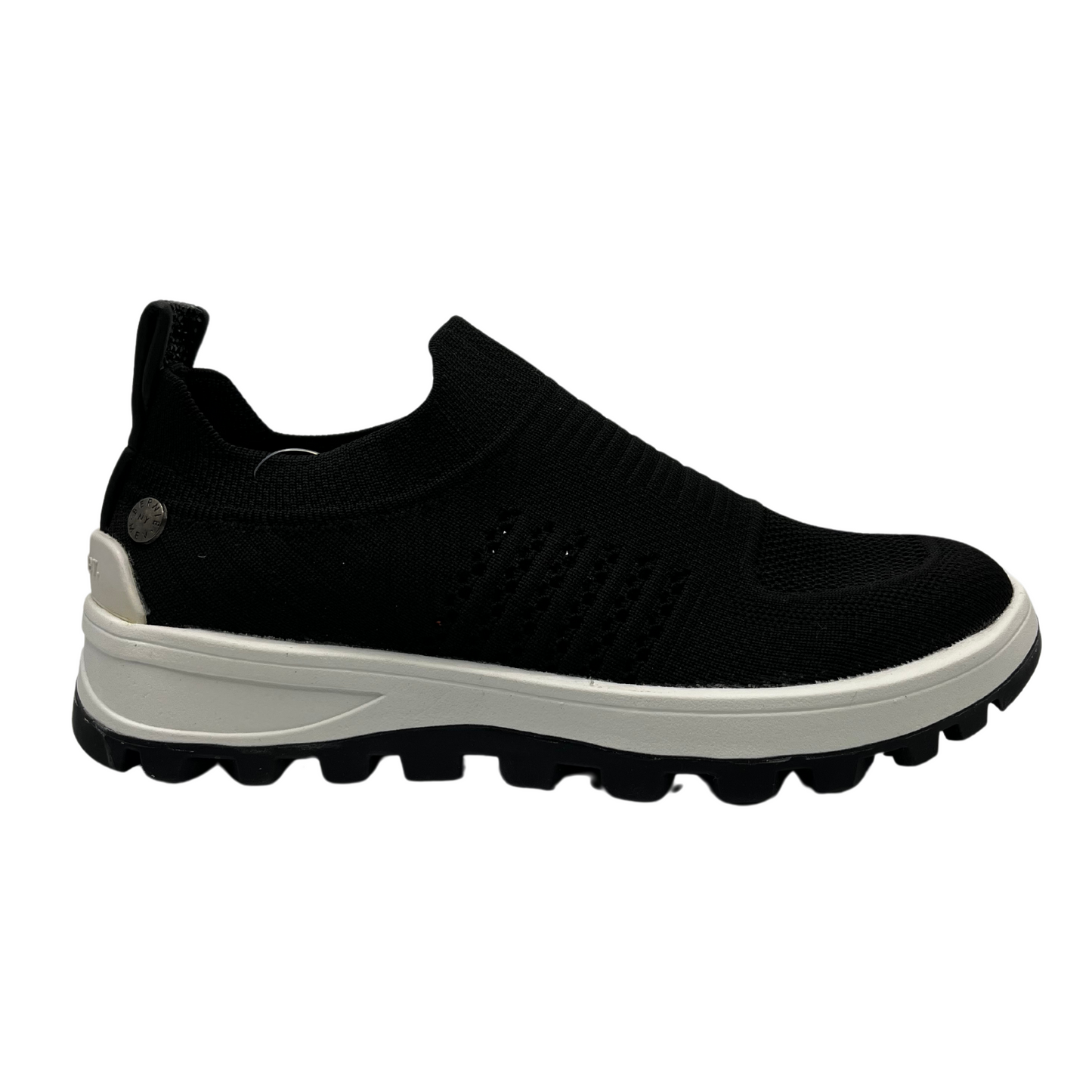 Right facing view of knit upper sneaker with pull on heel tab and lightweight rubber outsole