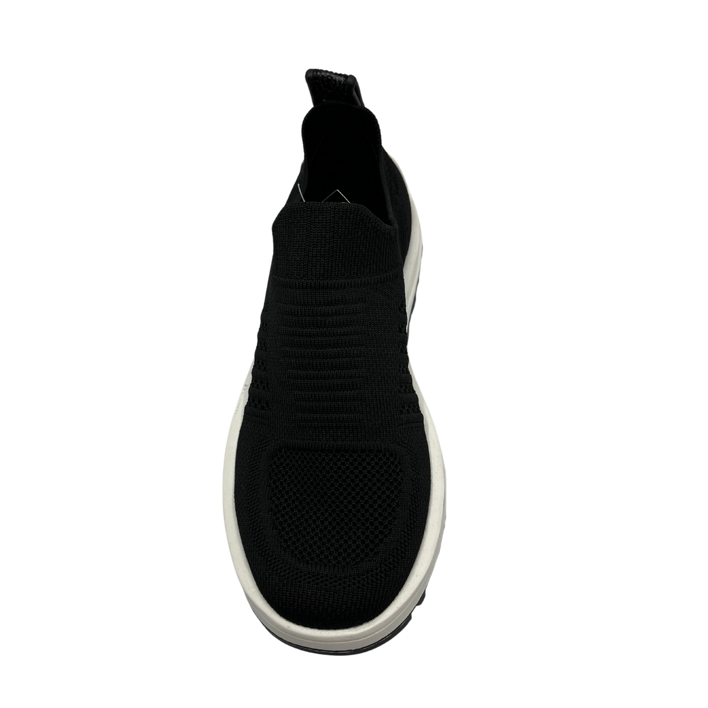 Top view of knit upper sneaker with pull on heel tab and lightweight rubber outsole