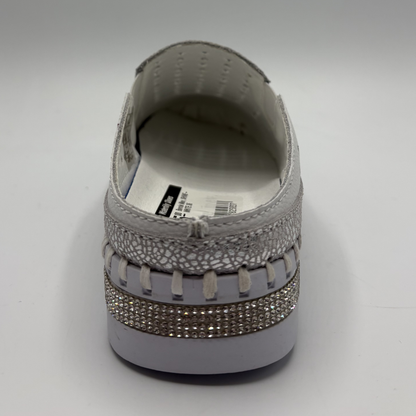 Gray slip-on shoe with rhinestone embellishments on a white background