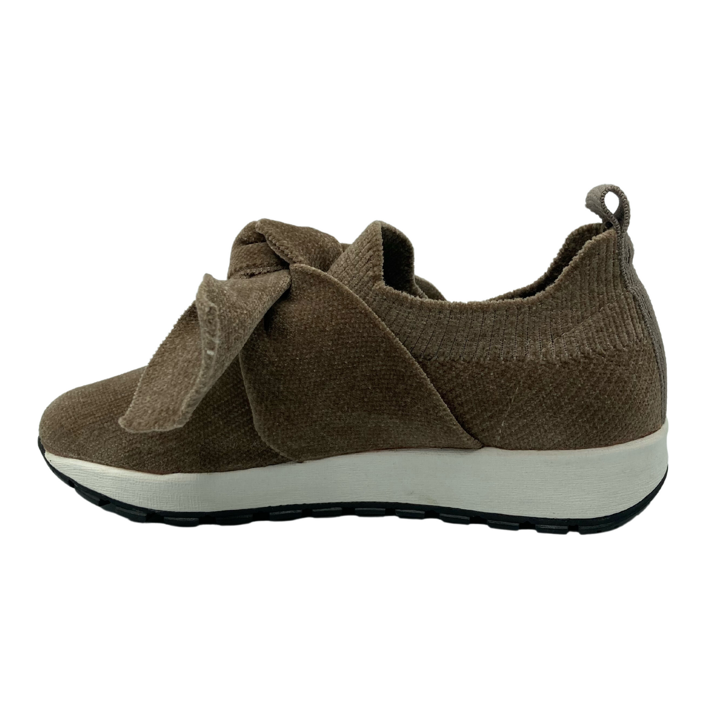 Left facing view of brown knit sneaker with thick white rubber outsole and large bow detail on upper