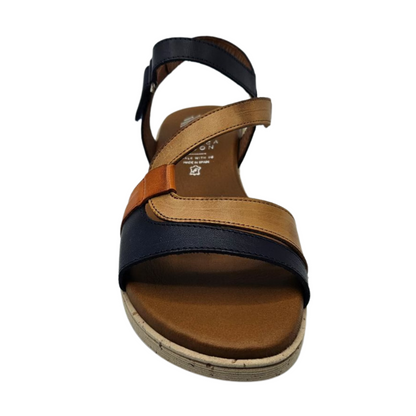 Front view of leather wedge sandal with open toe and multicoloured straps.