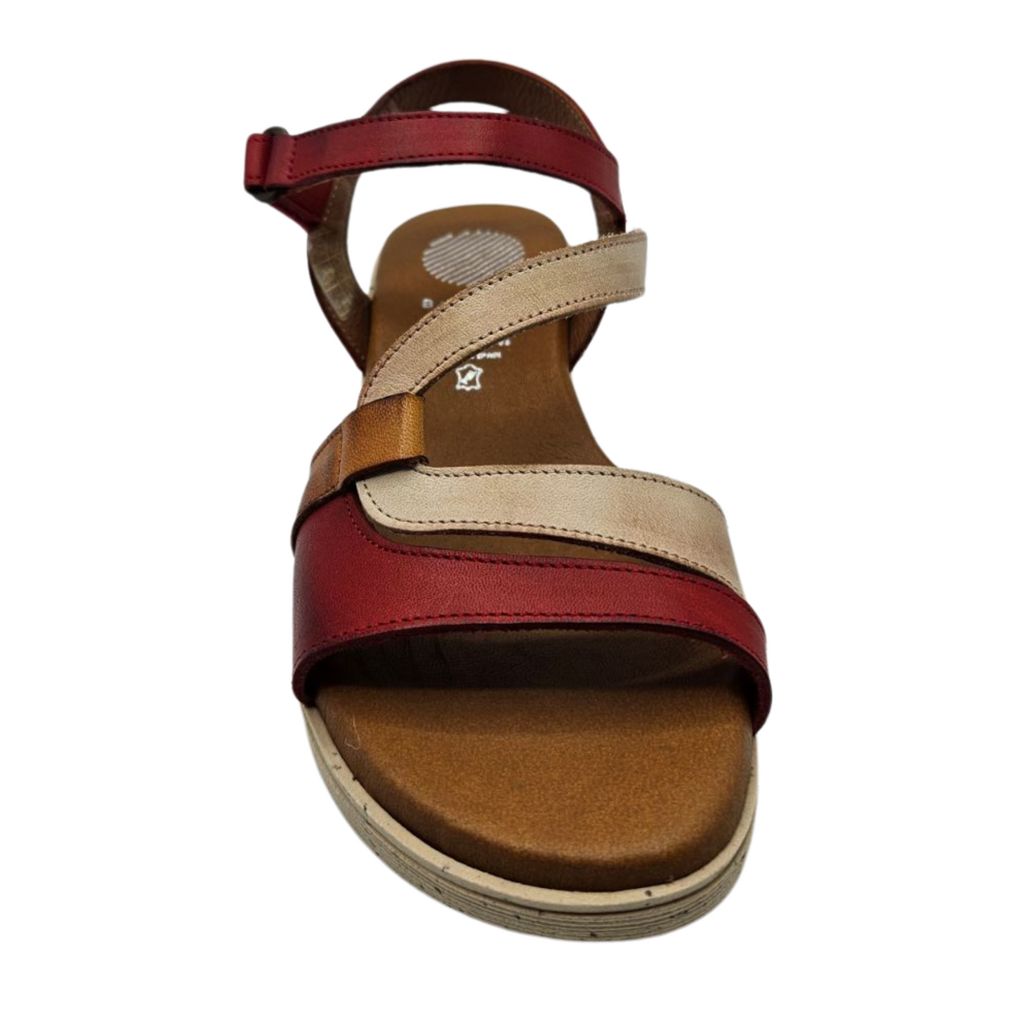 Front facing view of leather wedge sandal with open toe and multicoloured straps.