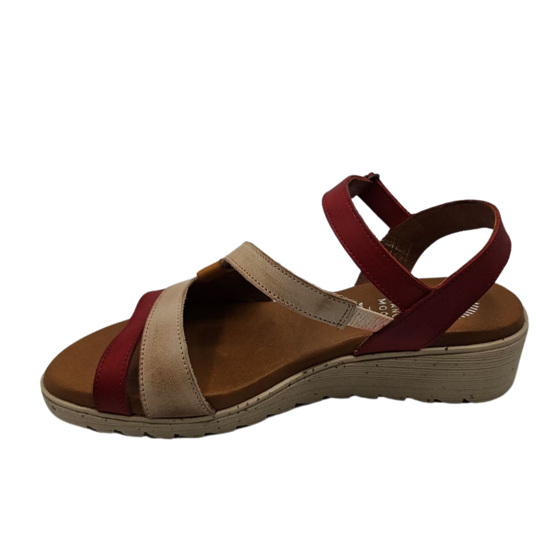 Left facing view of leather wedge sandal with open toe and multicoloured straps.