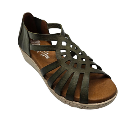 45 degree angled view of olive green leather sandal with a cutout design, peep toe and lined leather footbed.