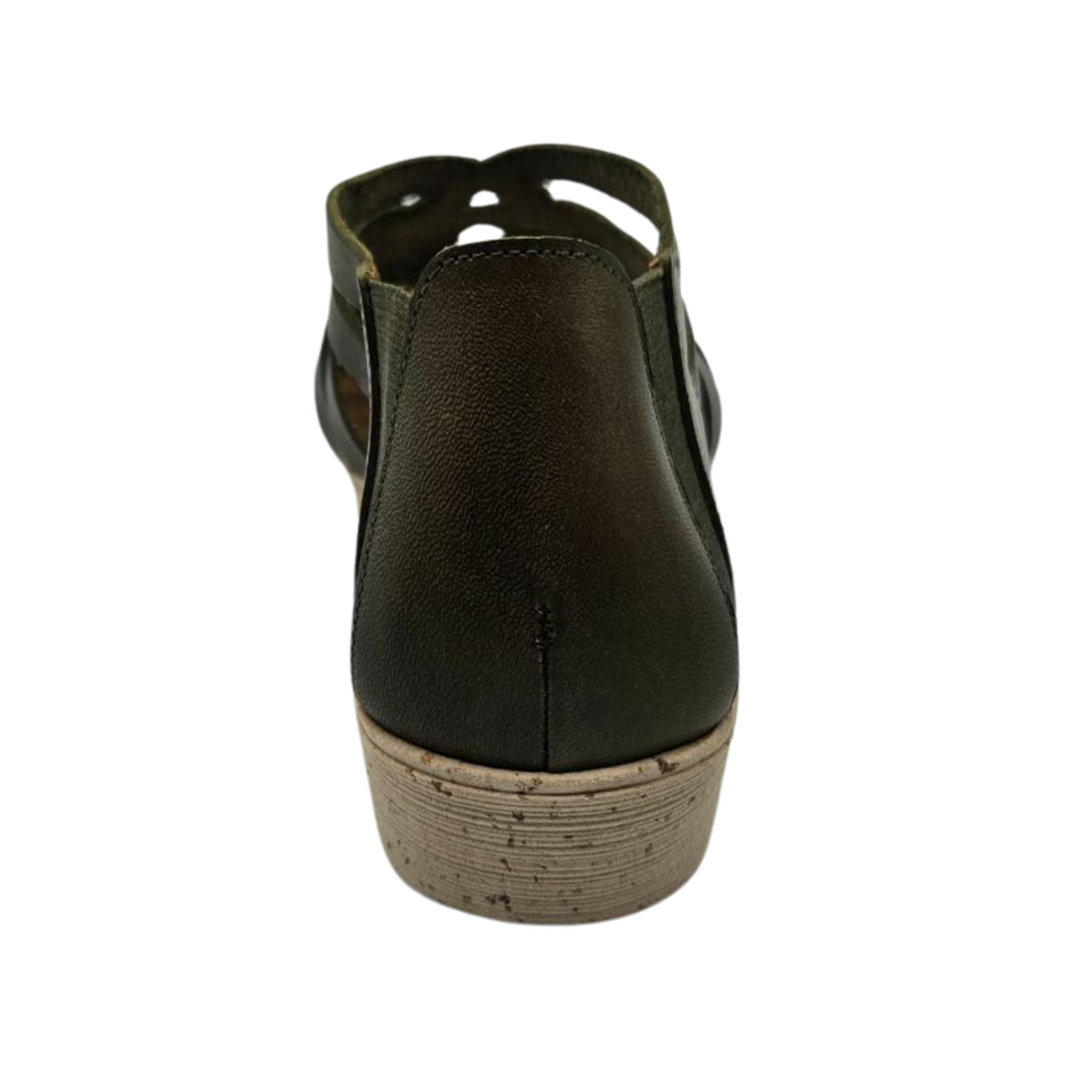 Back view of olive green leather sandal with a cutout design, slight wedge heel and leather lined footbed