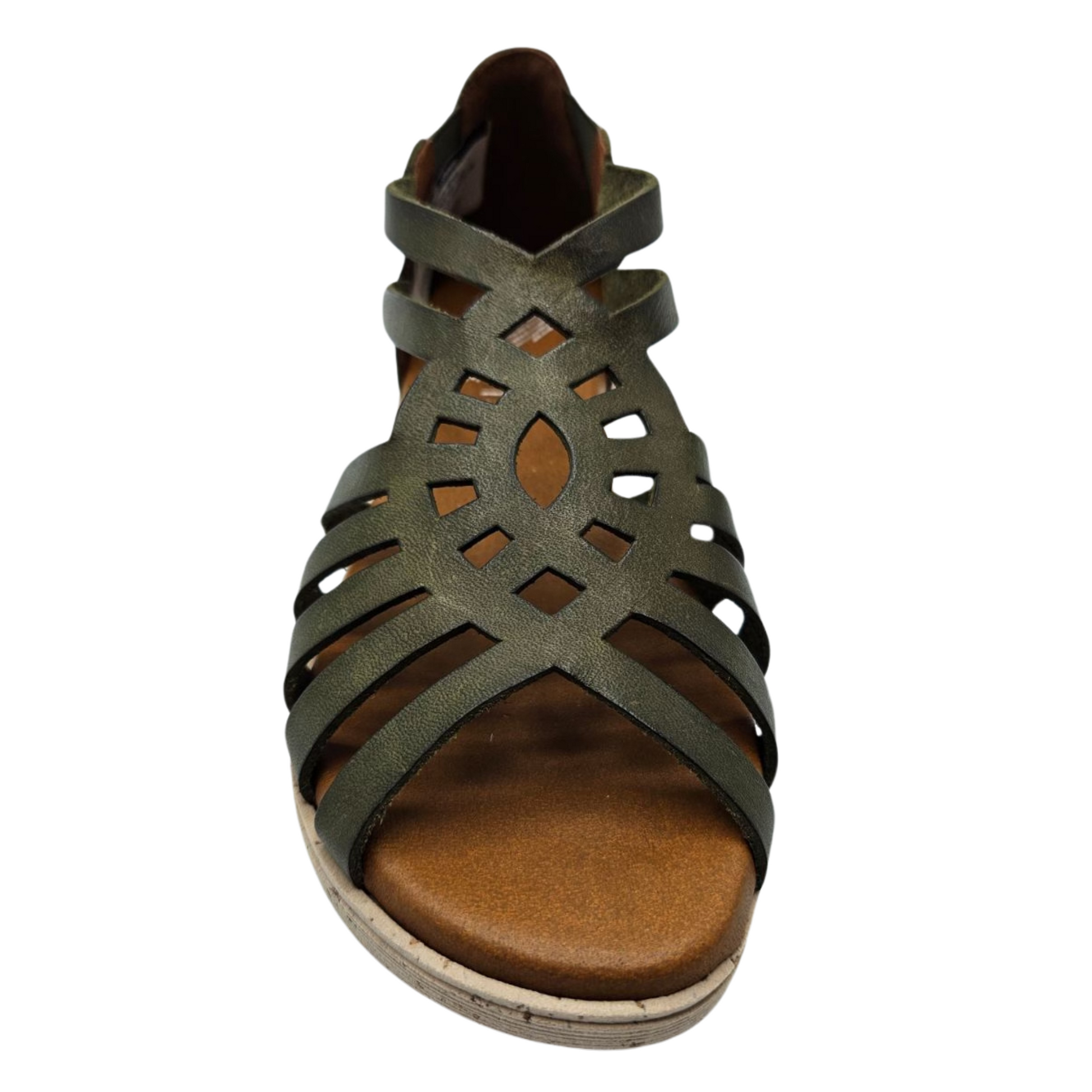 Front facing view of olive green leather sandal with a cutout design, peep toe and lined leather footbed.