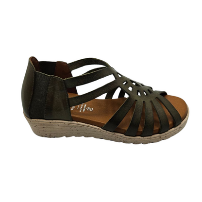 Right facing view of olive green leather sandal with a cutout design, peep toe and lined leather footbed.