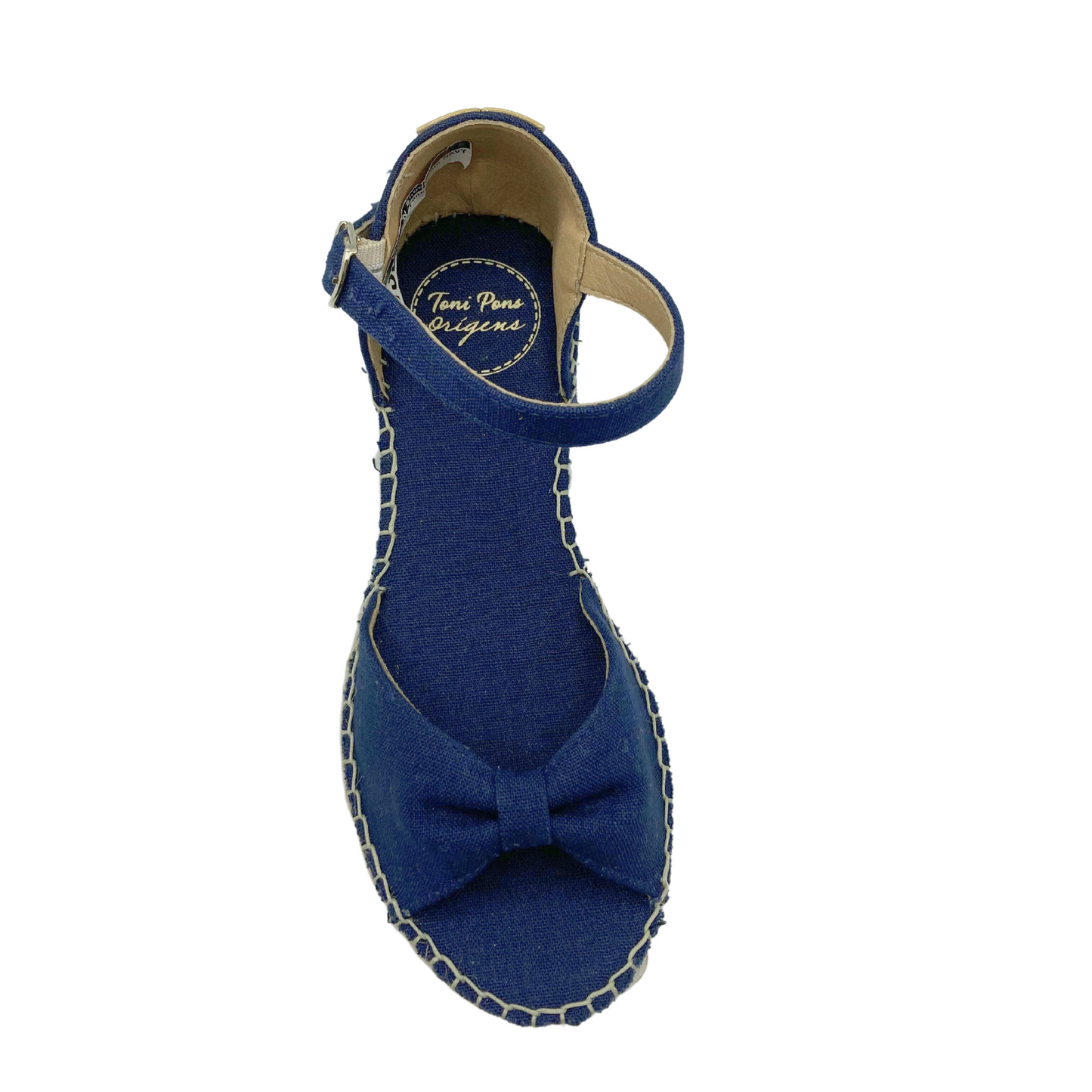 Top down view of a blue sandal with open toe and closed heel