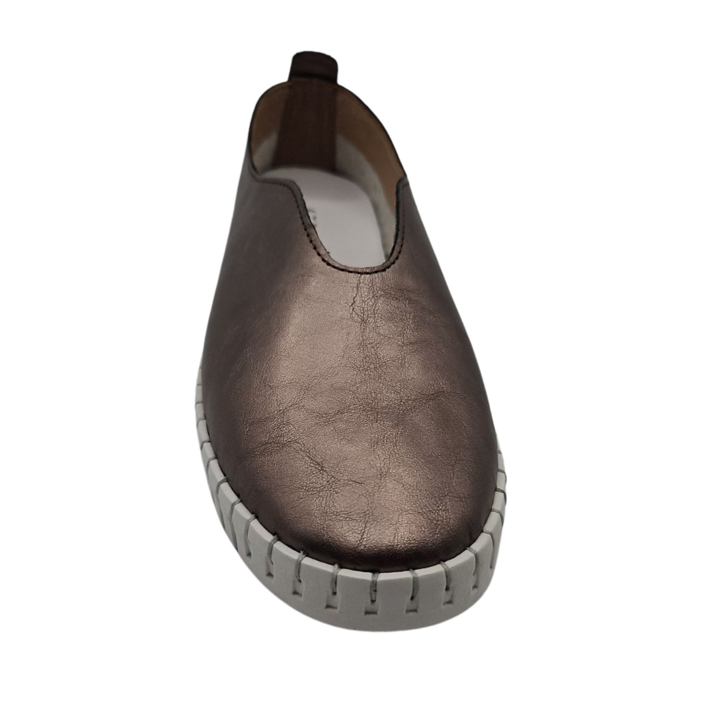 Front view of pewter leather slip on shoe with white rubber outsole