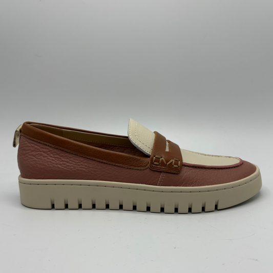 Right facing view of a brown and beige loafer