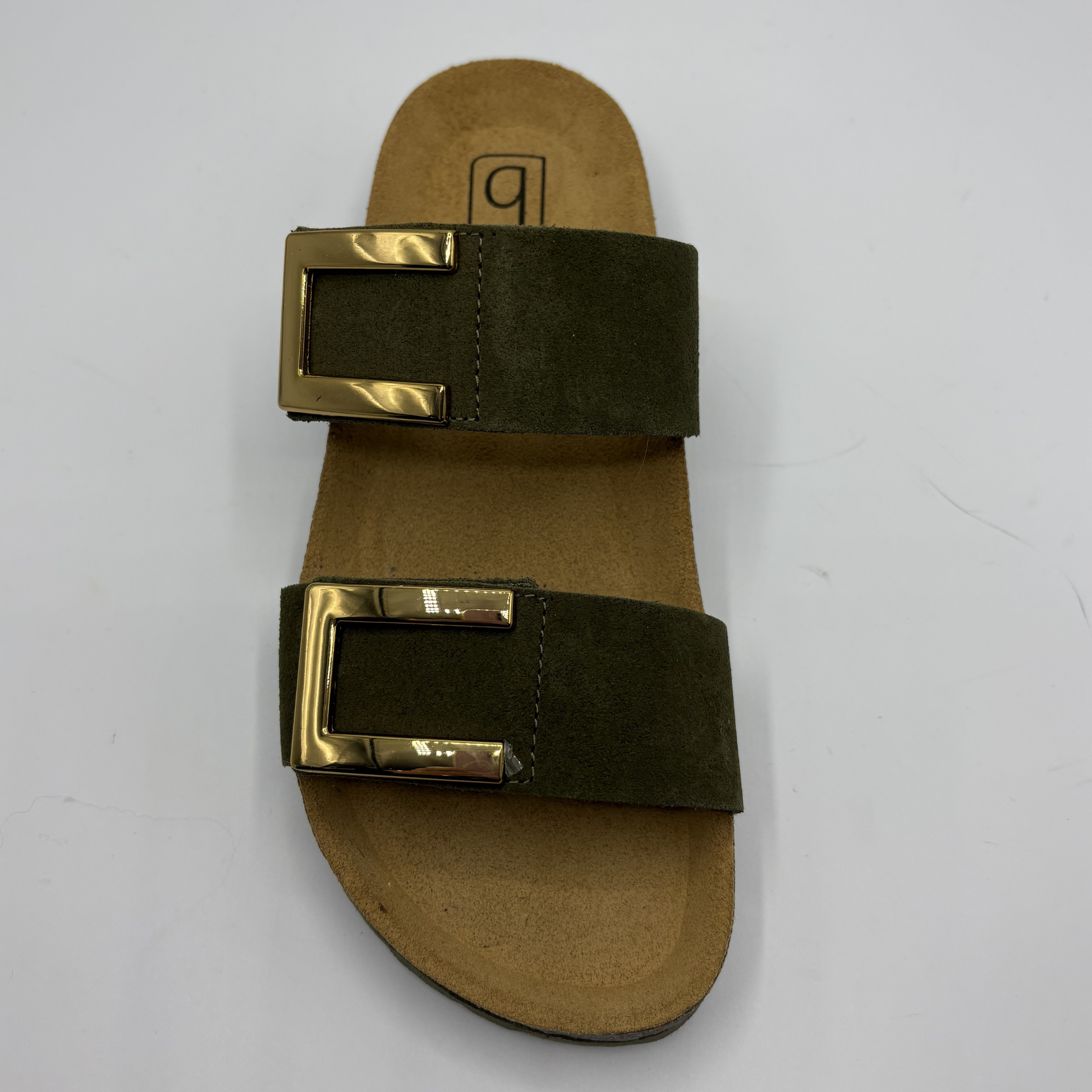 Khaki sandal with gold buckle on a white background