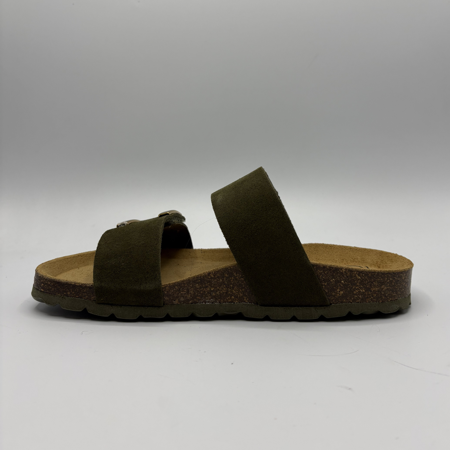Khaki sandal with cork sole on a white background