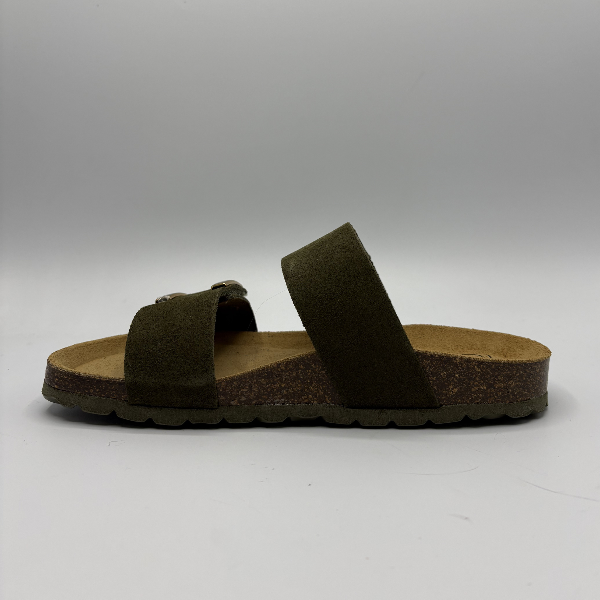 Khaki sandal with cork sole on a white background