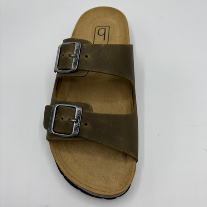 Brown sandal with two buckles on a white background