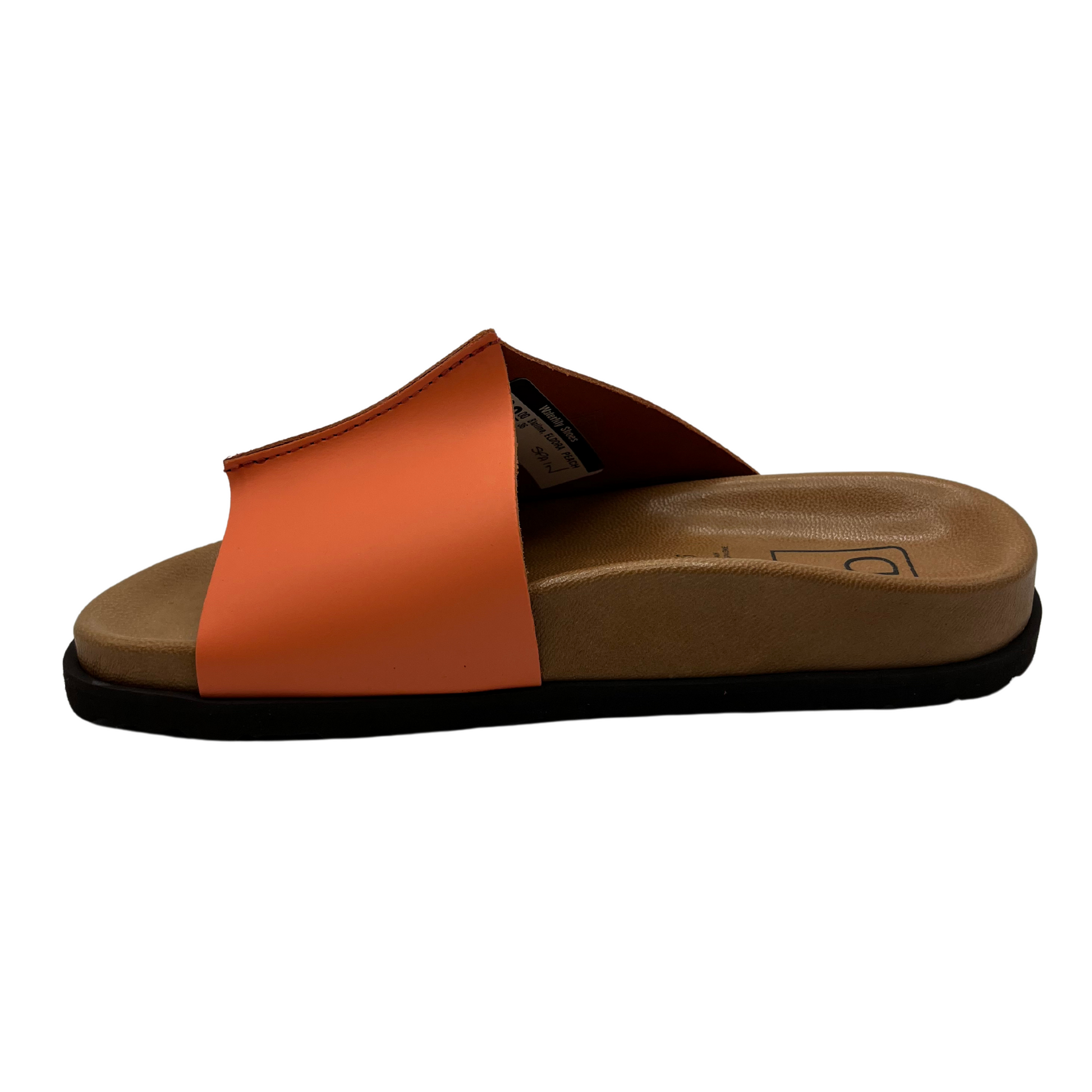 Left facing view of peach leather slide on sandal with lined contoured footbed