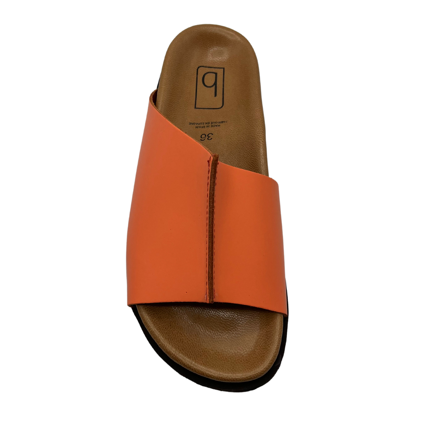 Top  view of peach leather slide on sandal with lined contoured footbed
