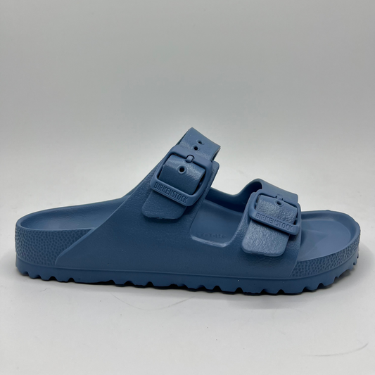 Right facing view of a lightweight EVA sandal in a blue colour with two adjustable straps.