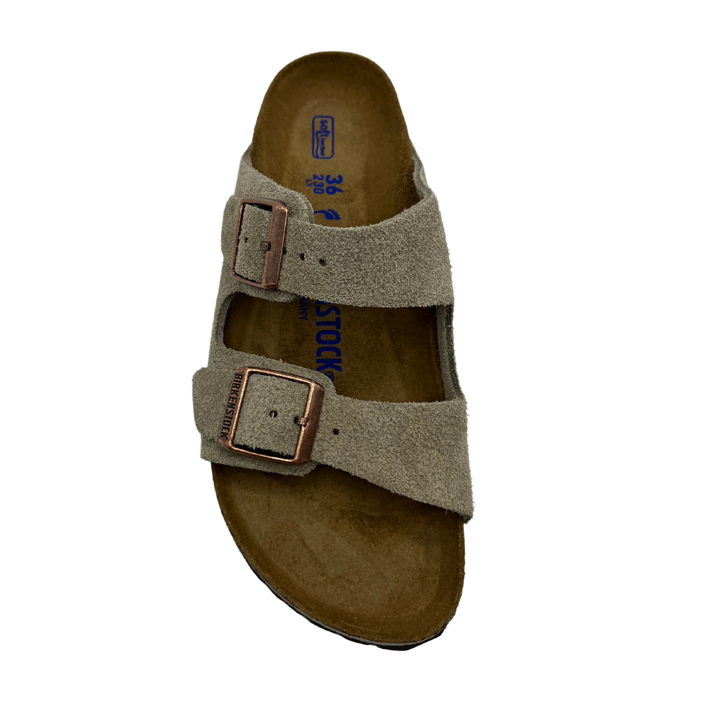 Top view of contoured footbed sandal with taupe straps and silver buckles