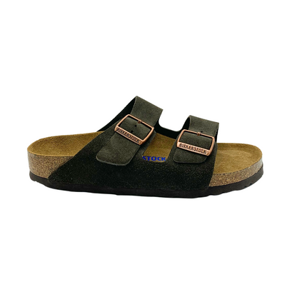 Right facing view of sandal with two adjustable straps with brass buckles