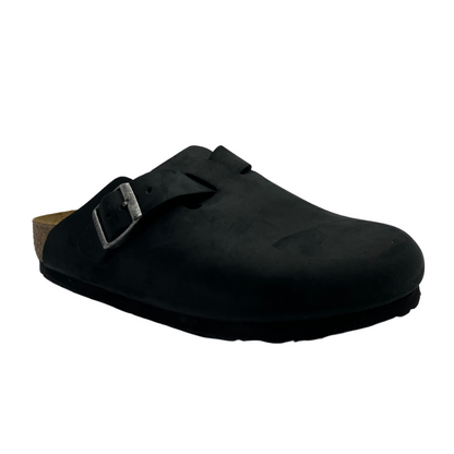 45 degree angled view of oiled black  slip on clog with adjustable silver buckle and anatomical cork footbed