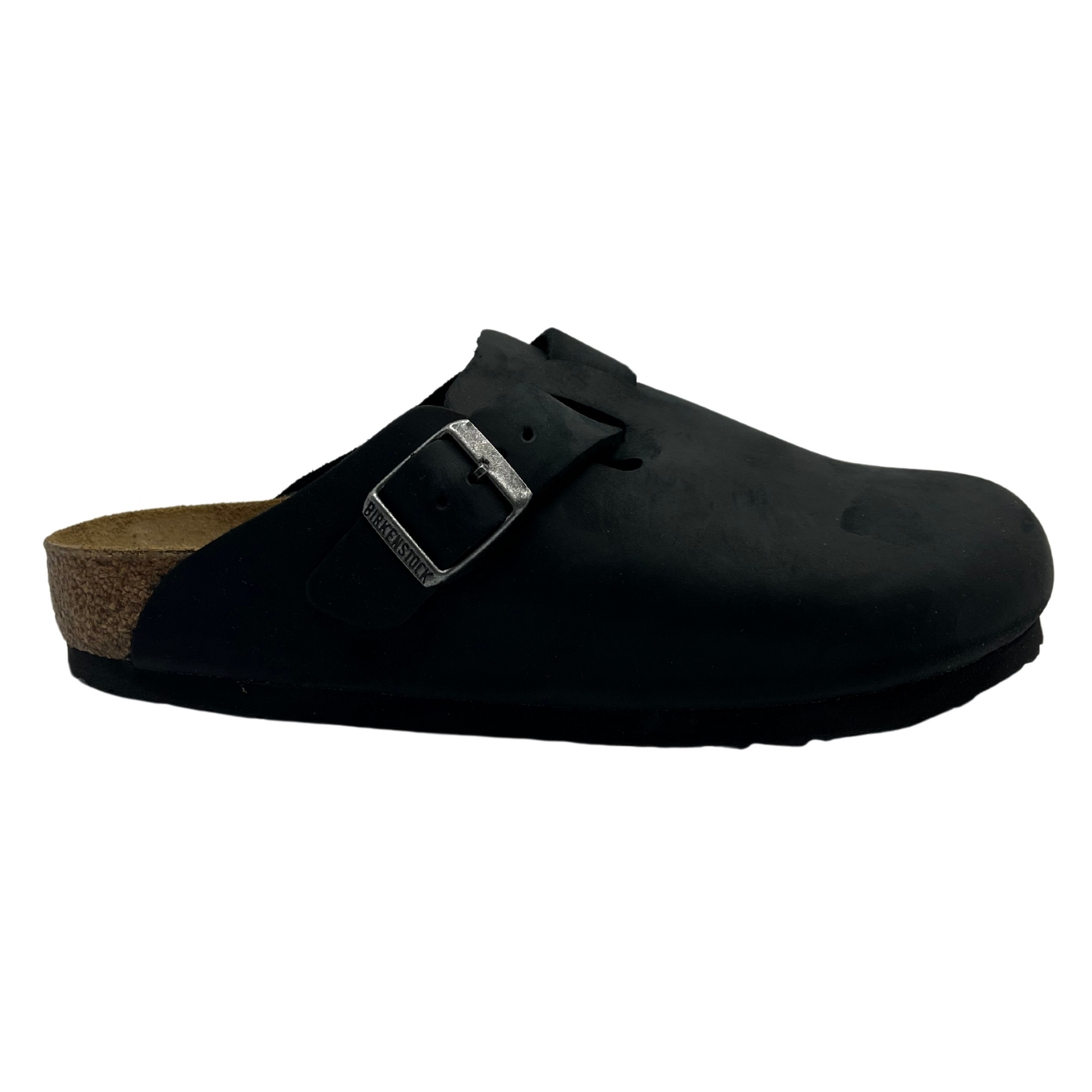 Right facing view of oiled black  slip on clog with adjustable silver buckle and anatomical cork footbed