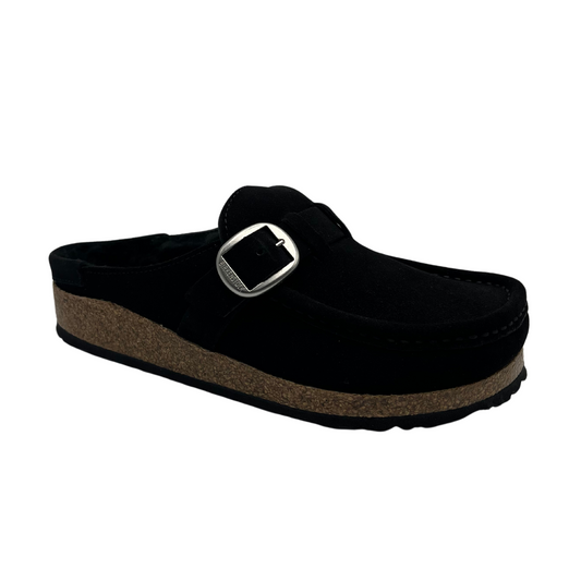 45 degree angled view of black, shearling lined clog with a silver buckled and anatomically correct footbed