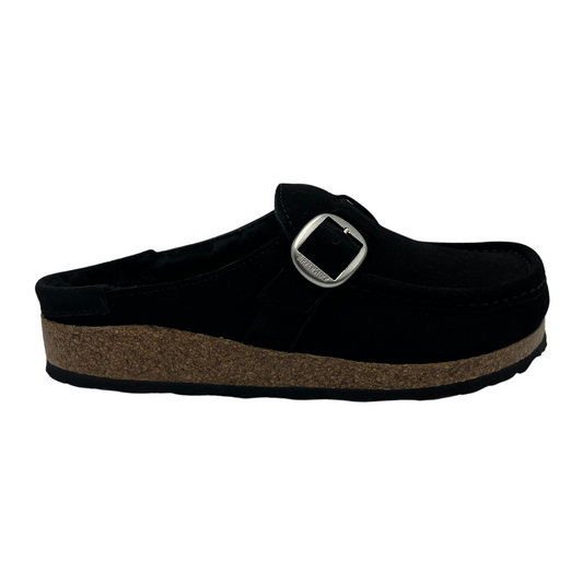 Right facing view of black, shearling lined clog with a silver buckled and anatomically correct footbed