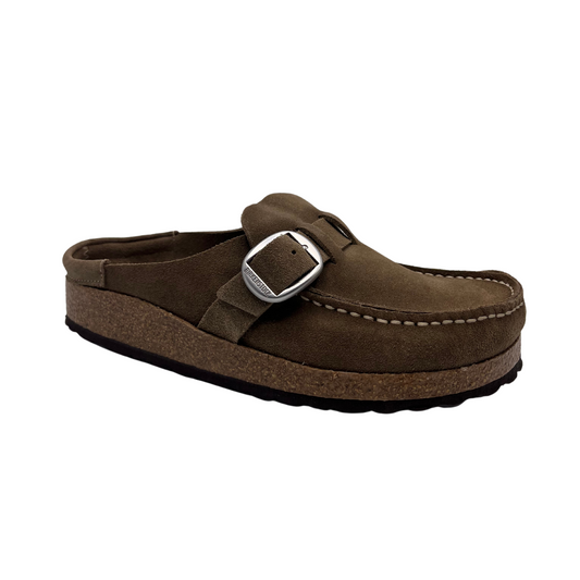 45 degree angled view of brown suede slip on clog with silver buckle and anatomically correct cork footbed