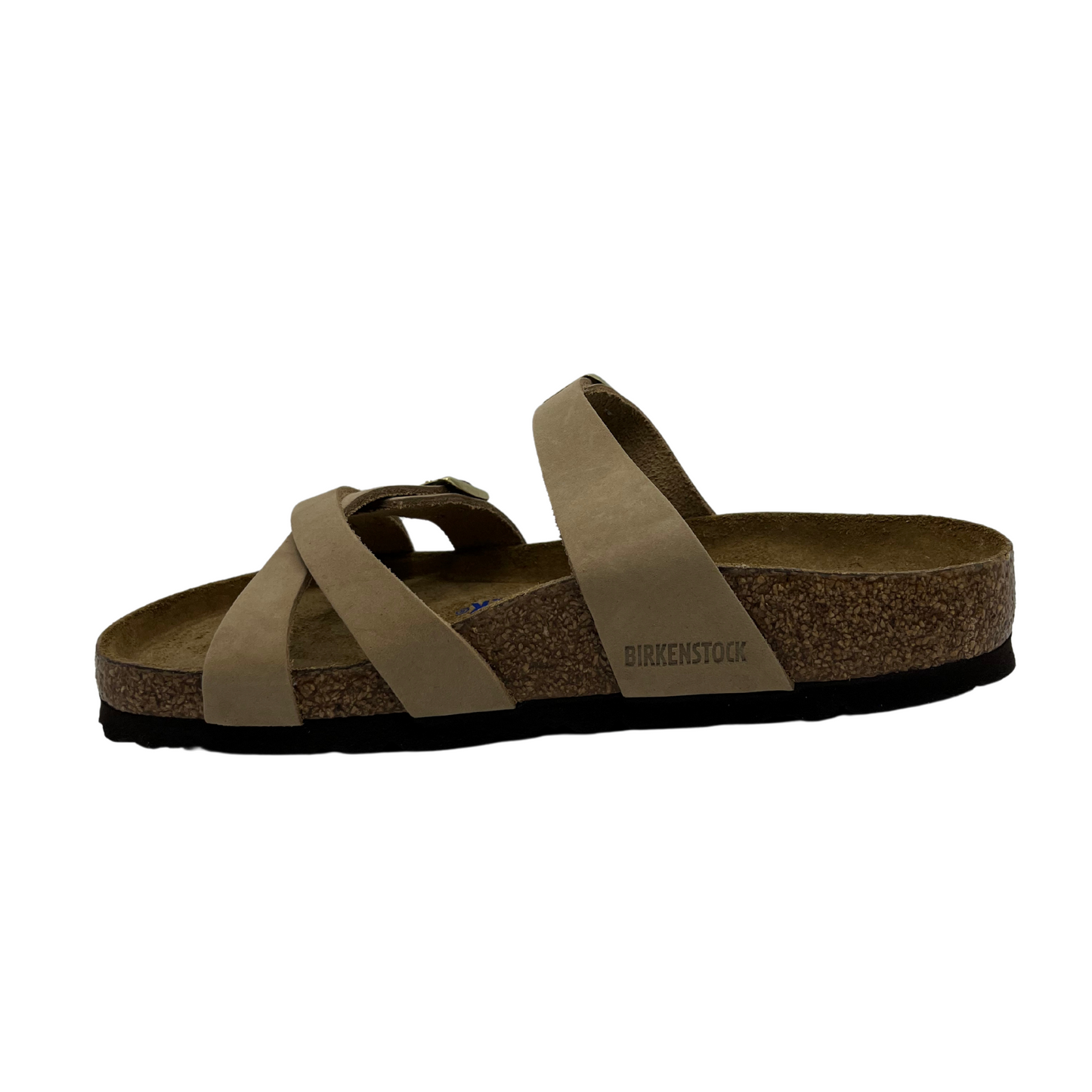 Left facing view of taupe strapped sandals with contoured footbed and three straps