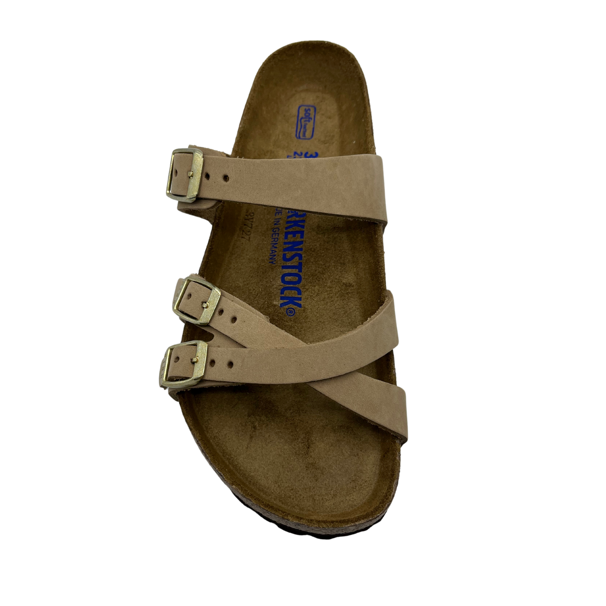 Top view of taupe strapped sandals with contoured footbed and three straps