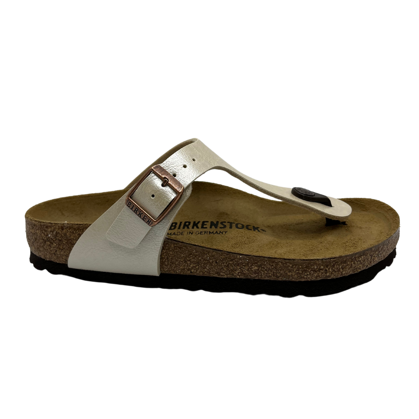 Right facing view of synthetic leather thong sandal with bronze buckle strap and suede lined contoured footbed.