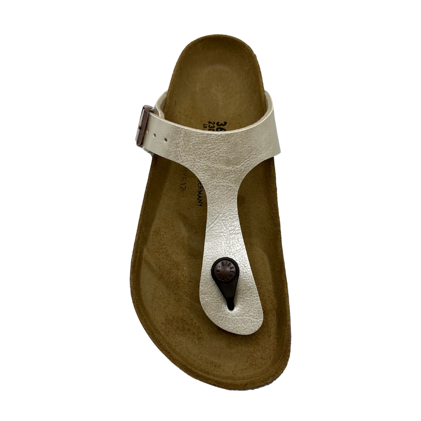 Top view of synthetic leather thong sandal with bronze buckle strap and suede lined contoured footbed.