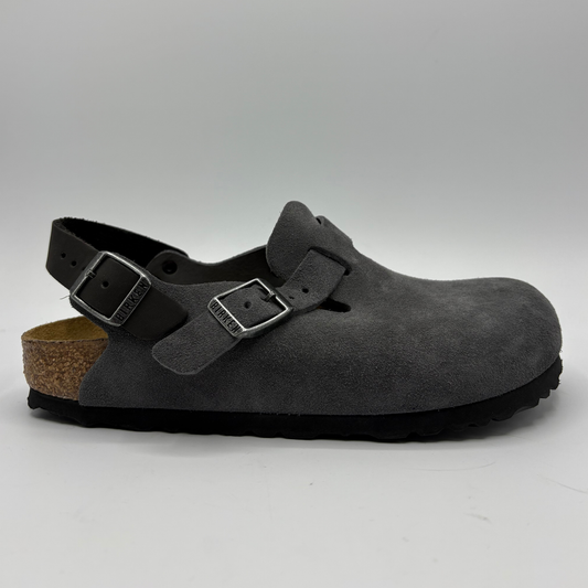 Right facing view of a charcoal slip on shoe with two adjustable buckle straps on a white background