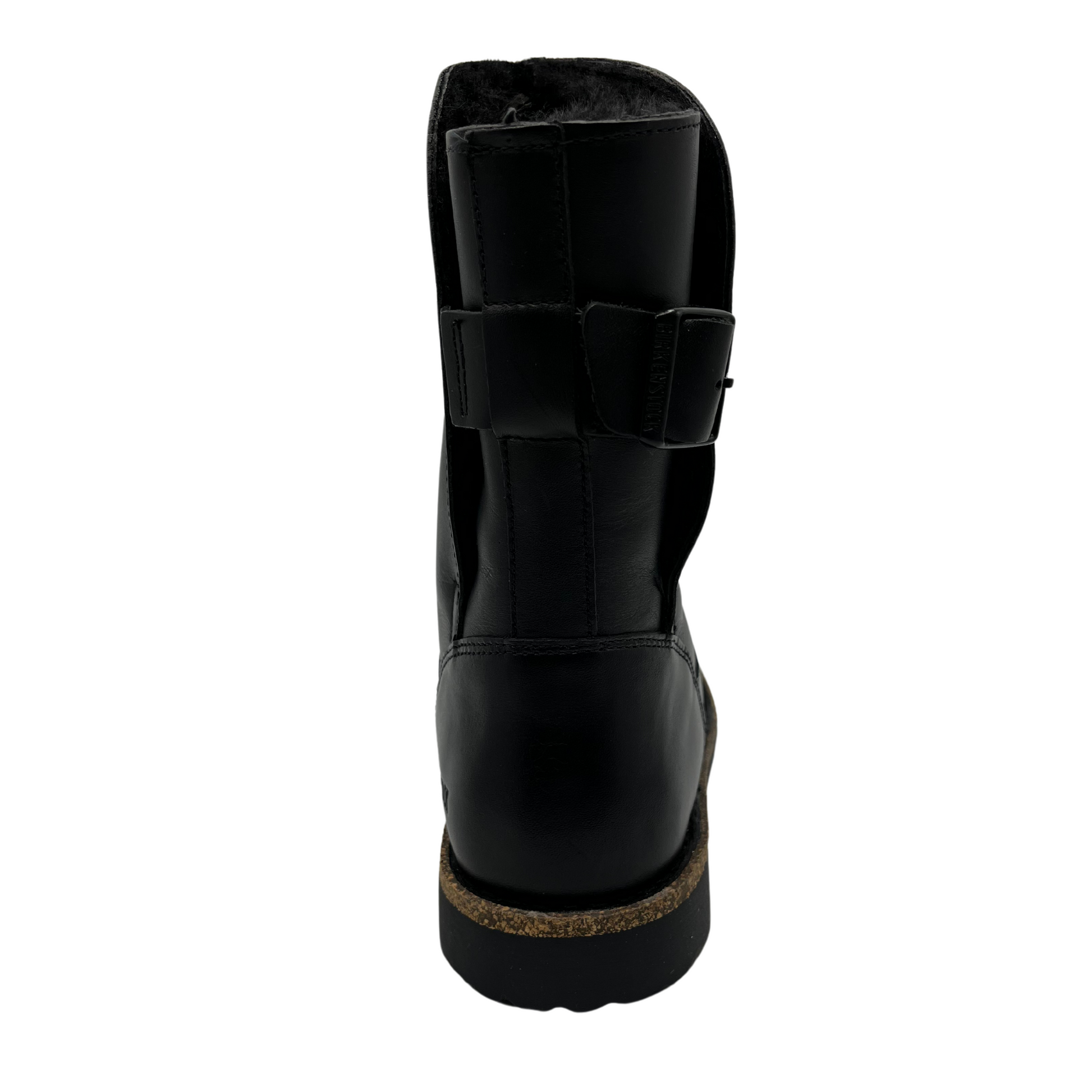 Back view of black leather boot with rubber and cork outsole.