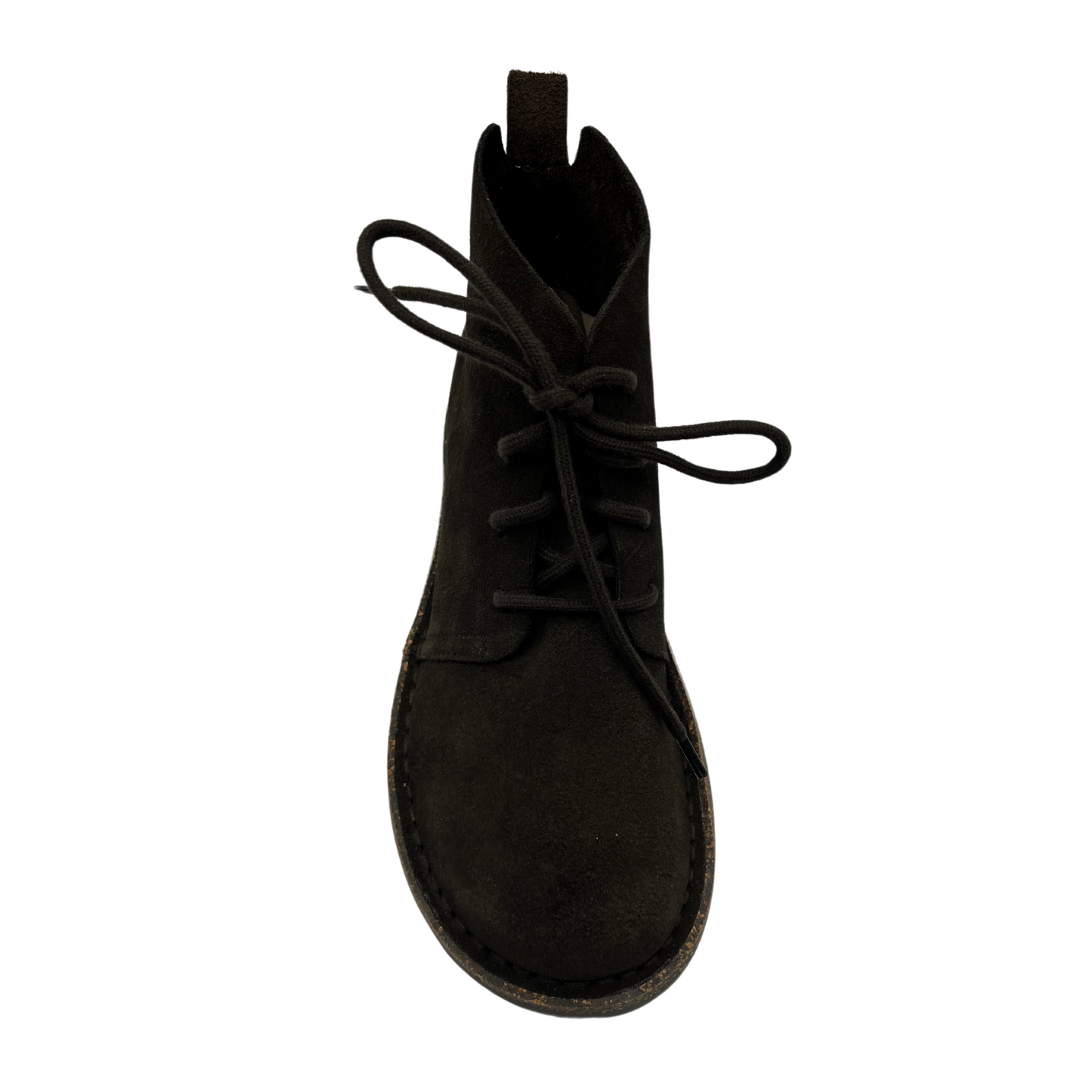 Top view of brown suede short boot with matching laces and rubber and cork outsole