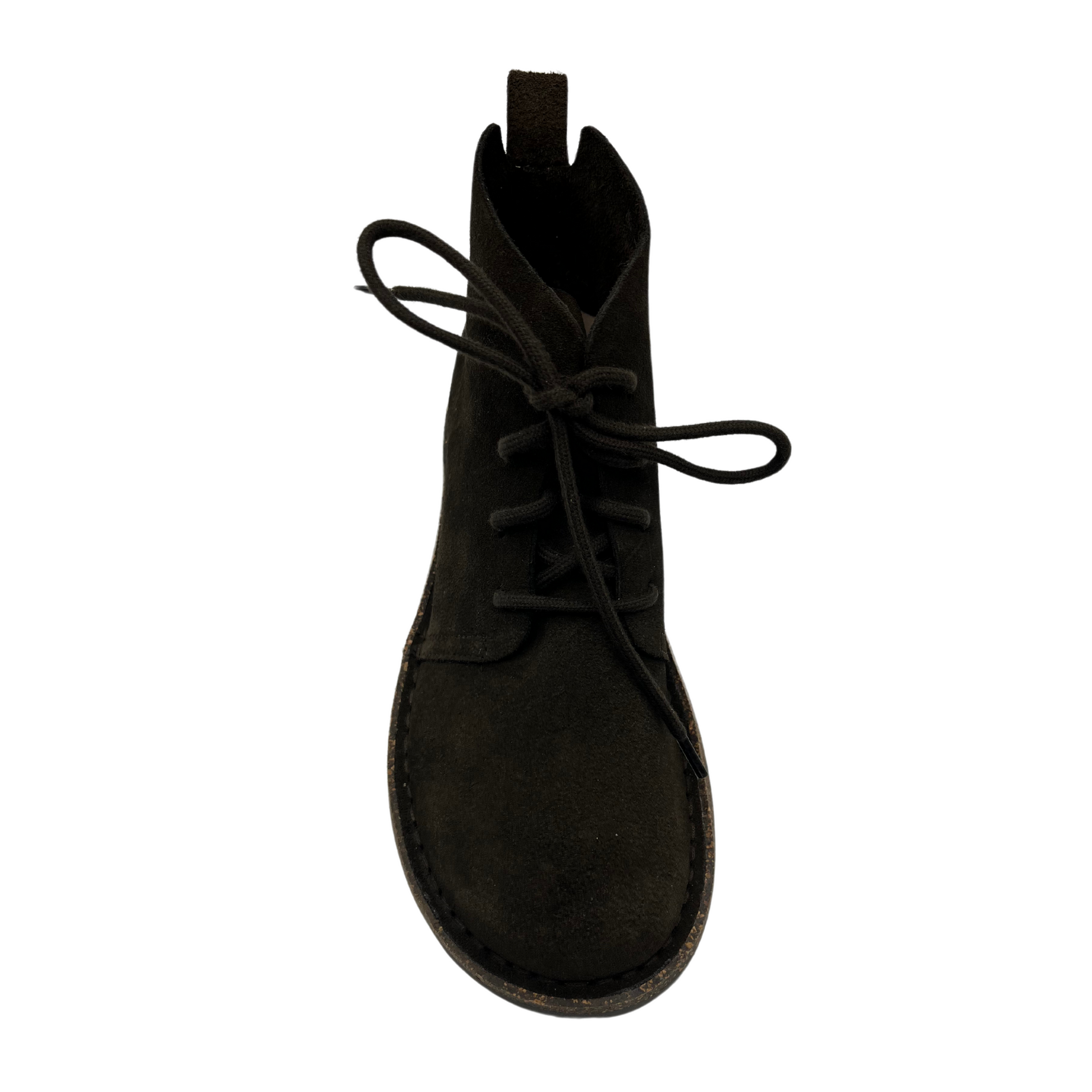 Top view of brown suede short boot with matching laces and rubber and cork outsole