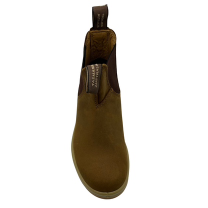 Top view of saddle brown short boot with double elastic side fore