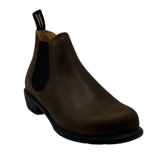 45 degree angled view of brown leather ankle boot with elastic side gore