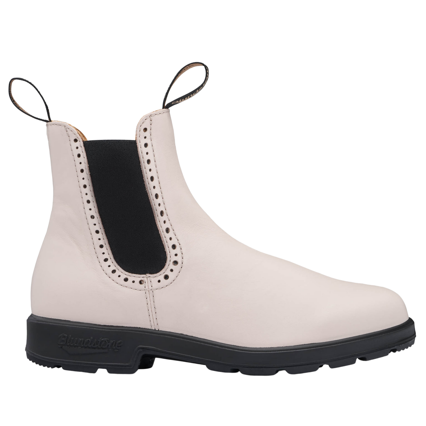 Side view of pearl coloured leather boot with small decorative holes outlining the elasticated side panels